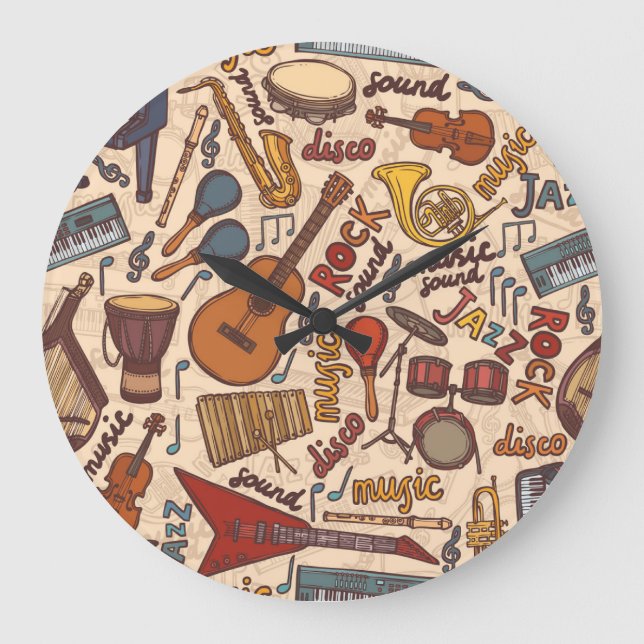 Musical Sketch: Colourful Vintage Seamless. Large Clock (Front)