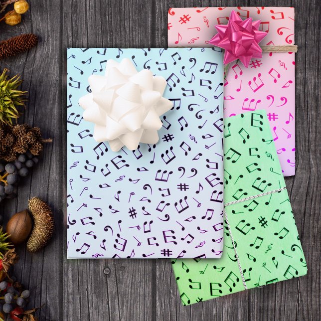 Musical Theme Various Music Notes Colourful Wrapping Paper Sheet (Variety of music notes on colourful backgrounds in blues, greens, pinks, purple gift wrapping sheets)