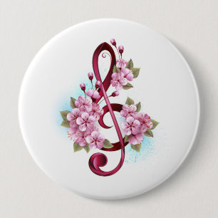 Musical treble clef notes with Sakura flowers 10 Cm Round Badge
