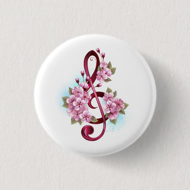 Musical treble clef notes with Sakura flowers 3 Cm Round Badge (Front)