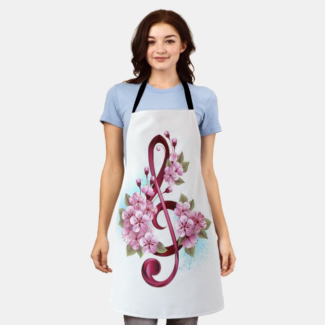 Musical treble clef notes with Sakura flowers Apron (Worn)