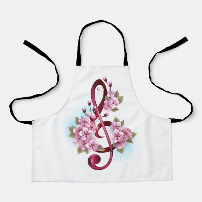 Musical treble clef notes with Sakura flowers Apron (Front)