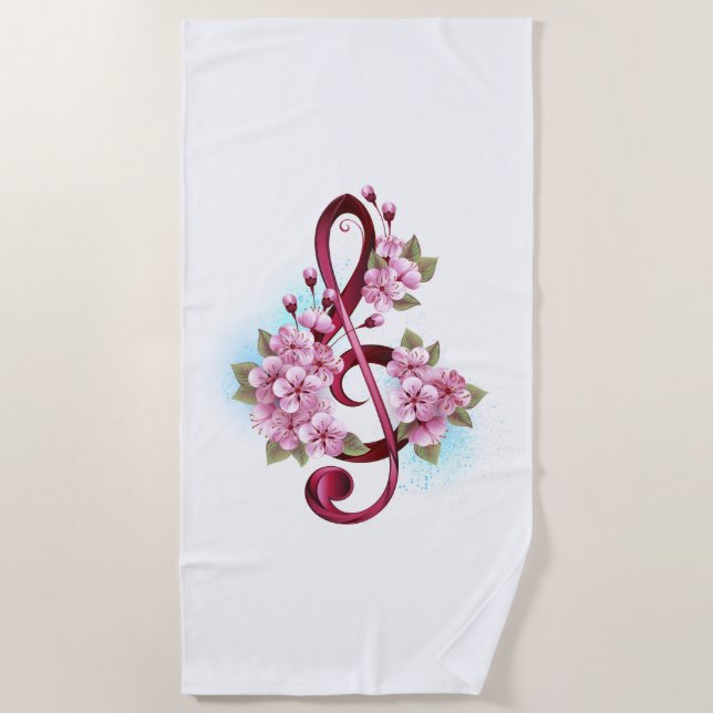 Musical treble clef notes with Sakura flowers Beach Towel (Front)