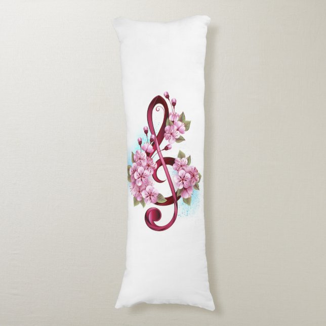 Musical treble clef notes with Sakura flowers Body Cushion (Front Vertical)