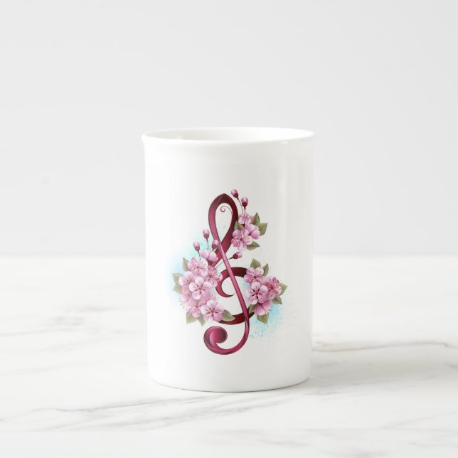 Musical treble clef notes with Sakura flowers Bone China Mug (Front)