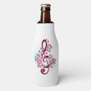 Musical treble clef notes with Sakura flowers Bottle Cooler