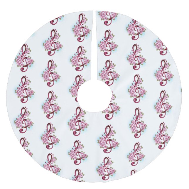 Musical treble clef notes with Sakura flowers Brushed Polyester Tree Skirt (Front)