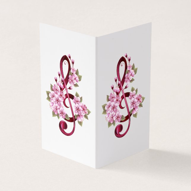 Musical treble clef notes with Sakura flowers Business Card (Outside)