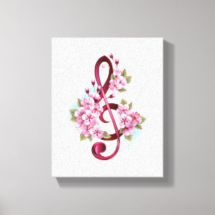 Musical treble clef notes with Sakura flowers Canvas Print