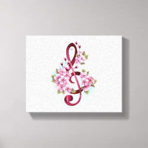 Musical treble clef notes with Sakura flowers Canvas Print