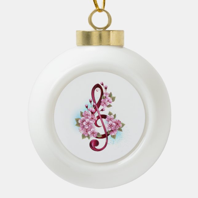 Musical treble clef notes with Sakura flowers Ceramic Ball Christmas Ornament (Front)
