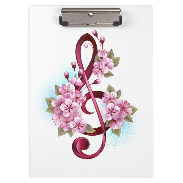 Musical treble clef notes with Sakura flowers Clipboard (Front)