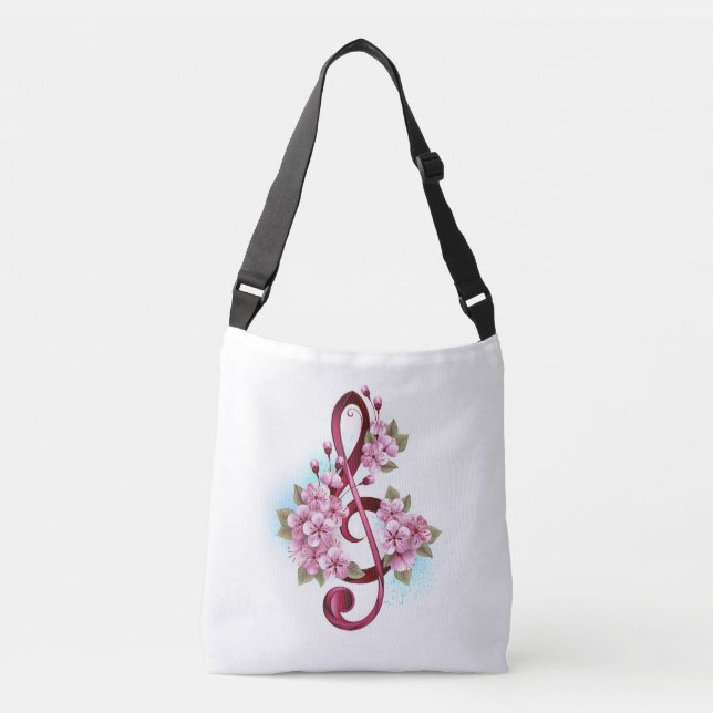 Musical treble clef notes with Sakura flowers Crossbody Bag (Front)