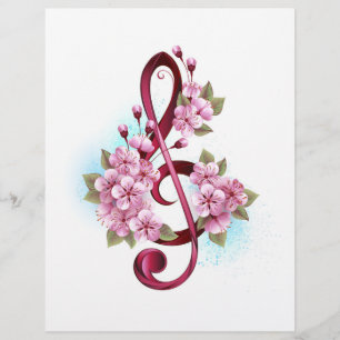 Musical treble clef notes with Sakura flowers Custom Letterhead