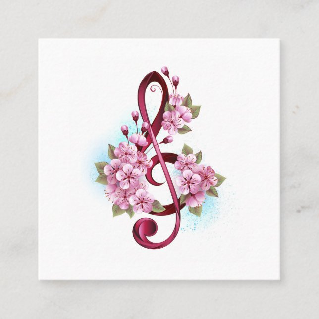 Musical treble clef notes with Sakura flowers Discount Card (Front)