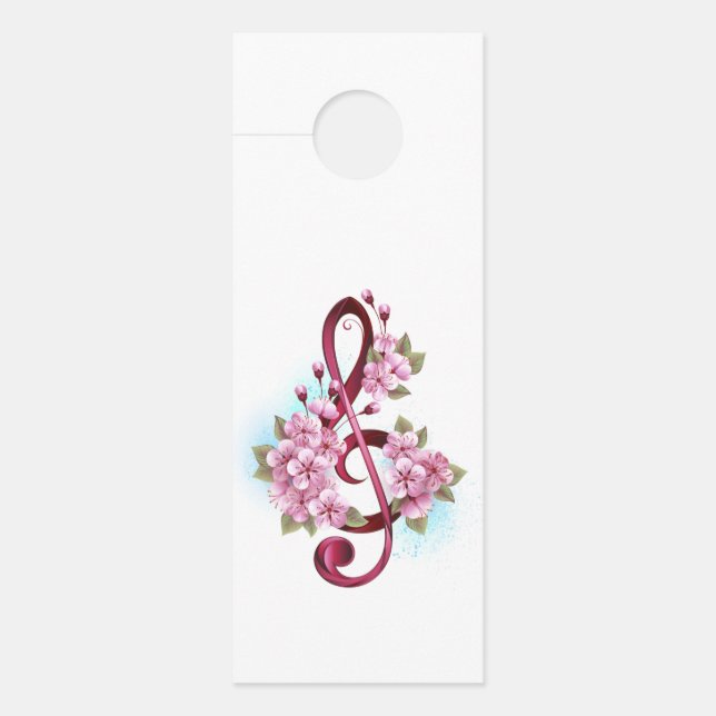 Musical treble clef notes with Sakura flowers Door Hanger (Front)