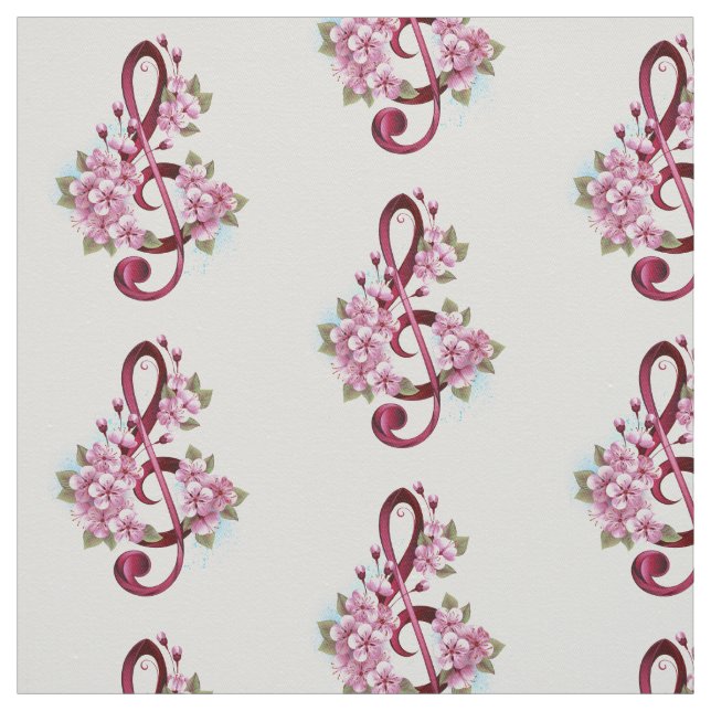 Musical treble clef notes with Sakura flowers Fabric (Swatch)