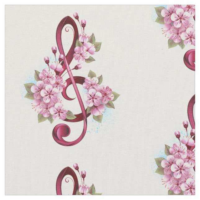 Musical treble clef notes with Sakura flowers Fabric (Close Up)