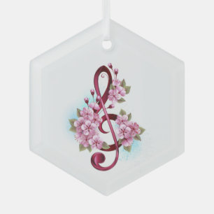 Musical treble clef notes with Sakura flowers Glass Tree Decoration