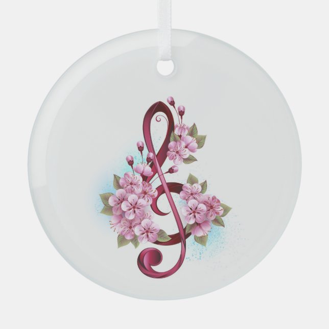 Musical treble clef notes with Sakura flowers Glass Tree Decoration (Front)