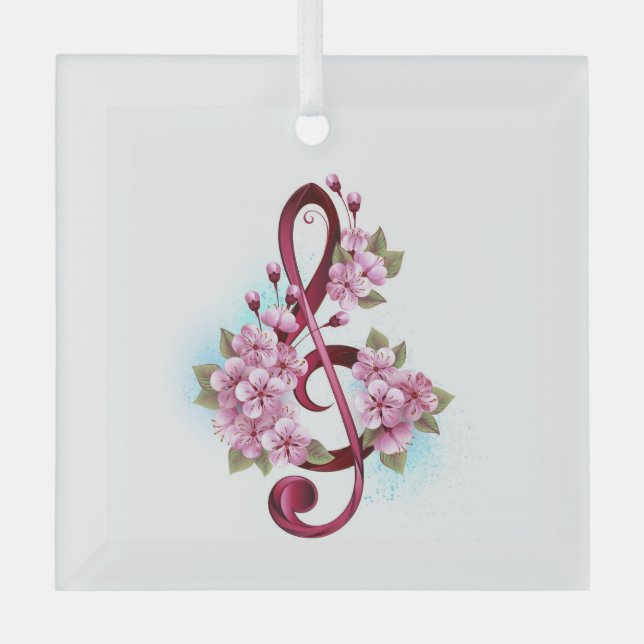 Musical treble clef notes with Sakura flowers Glass Tree Decoration (Front)