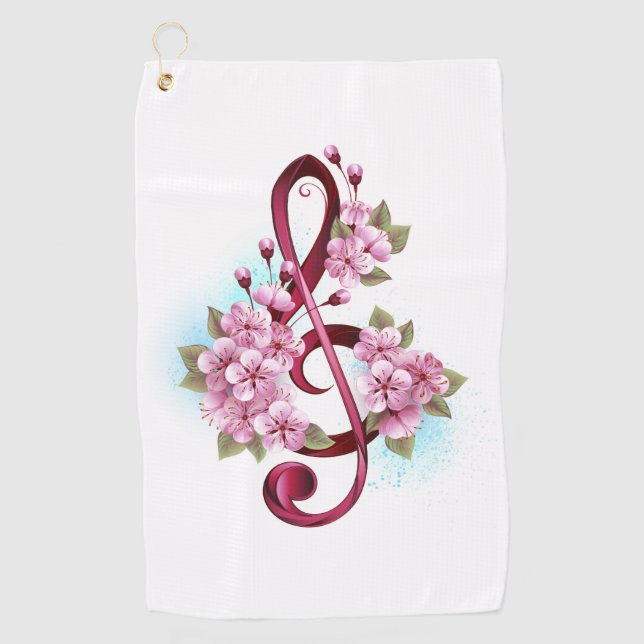 Musical treble clef notes with Sakura flowers Golf Towel (Front)