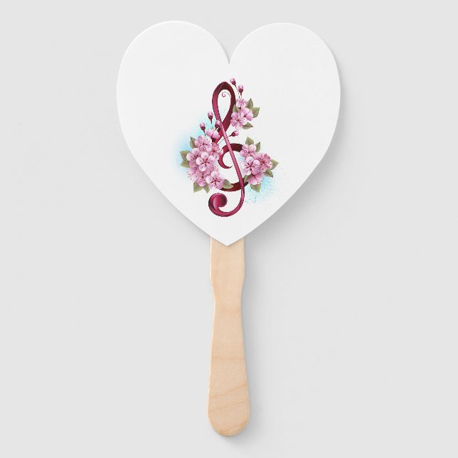 Musical treble clef notes with Sakura flowers Hand Fan (Front)