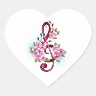Musical treble clef notes with Sakura flowers Heart Sticker