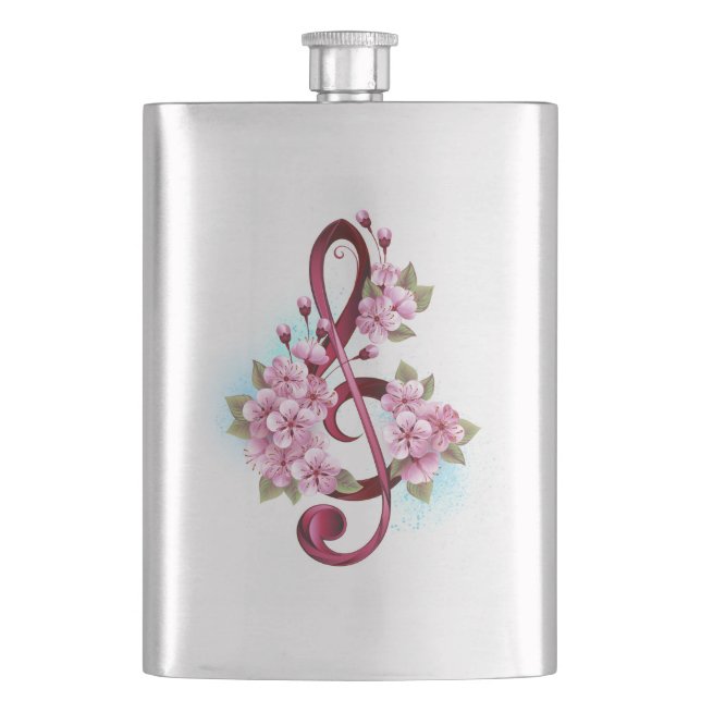 Musical treble clef notes with Sakura flowers Hip Flask (Front)