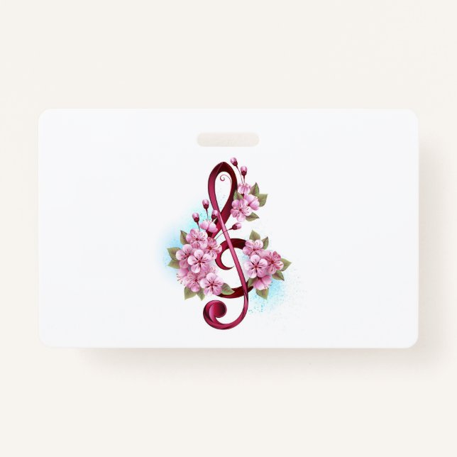 Musical treble clef notes with Sakura flowers ID Badge (Front)
