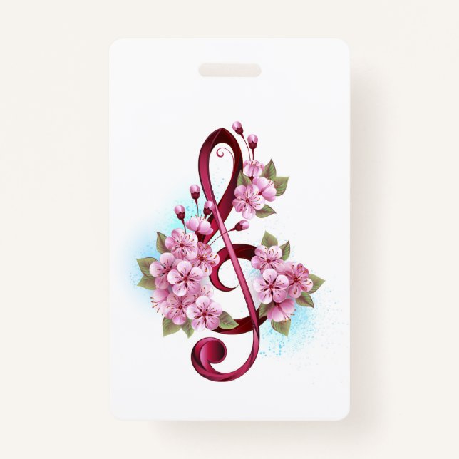 Musical treble clef notes with Sakura flowers ID Badge (Front)