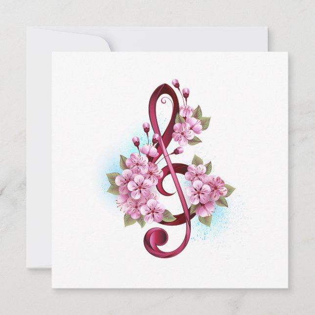 Musical treble clef notes with Sakura flowers Invitation (Front)