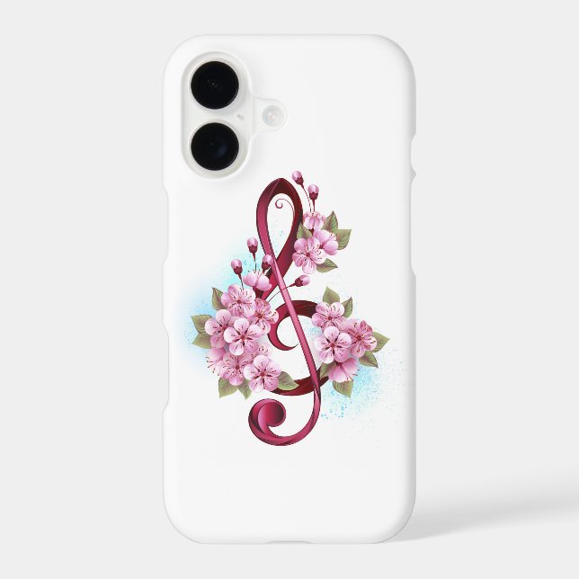 Musical treble clef notes with Sakura flowers iPhone Case (Back)