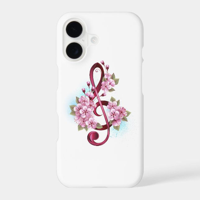 Musical treble clef notes with Sakura flowers iPhone Case (Back)