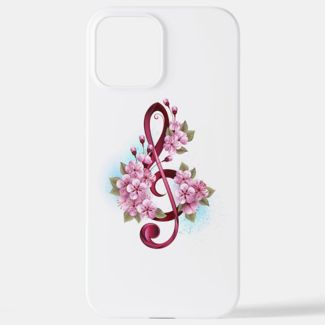 Musical treble clef notes with Sakura flowers iPhone Case (Back)