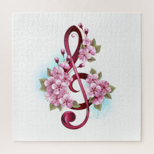 Musical treble clef notes with Sakura flowers Jigsaw Puzzle