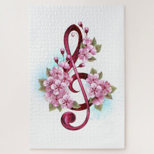 Musical treble clef notes with Sakura flowers Jigsaw Puzzle