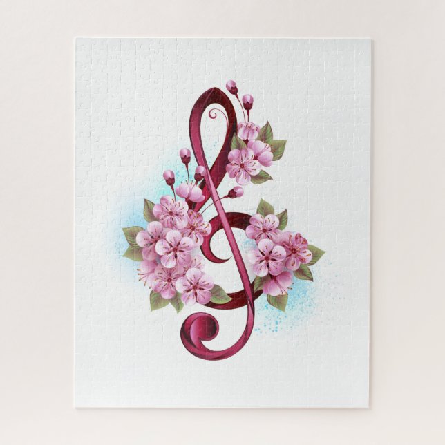 Musical treble clef notes with Sakura flowers Jigsaw Puzzle (Vertical)
