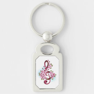 Musical treble clef notes with Sakura flowers Key Ring