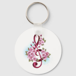 Musical treble clef notes with Sakura flowers Key Ring