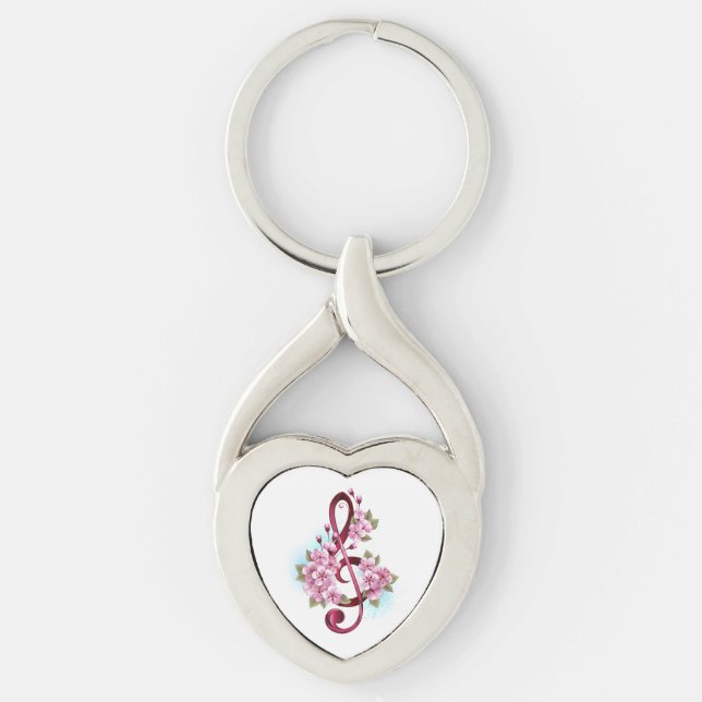 Musical treble clef notes with Sakura flowers Key Ring (Front)