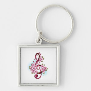 Musical treble clef notes with Sakura flowers Key Ring