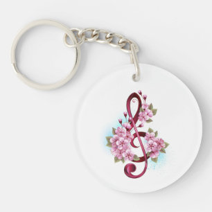 Musical treble clef notes with Sakura flowers Key Ring