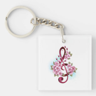 Musical treble clef notes with Sakura flowers Key Ring
