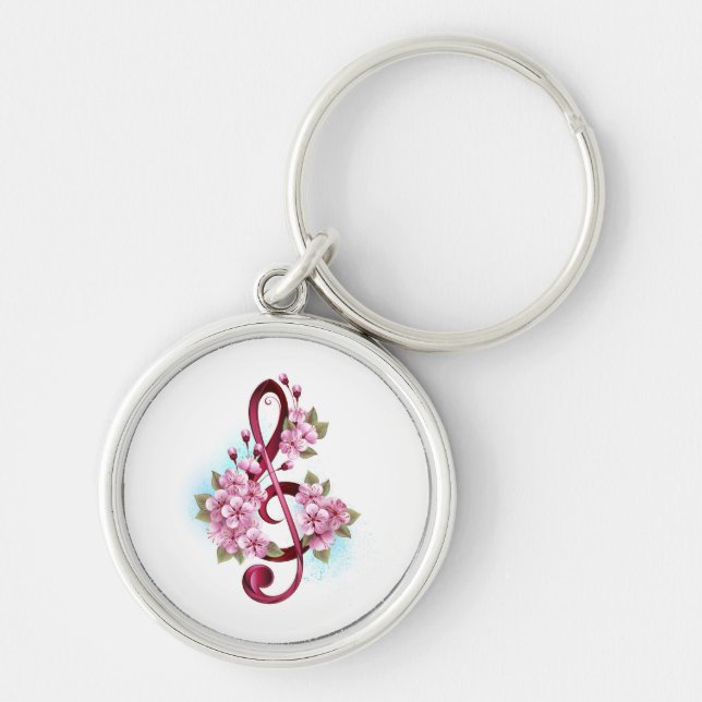 Musical treble clef notes with Sakura flowers Key Ring (Front)