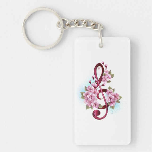 Musical treble clef notes with Sakura flowers Key Ring (Front)