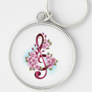 Musical treble clef notes with Sakura flowers Key Ring