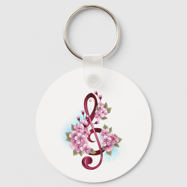 Musical treble clef notes with Sakura flowers Key Ring (Front)