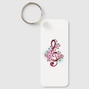 Musical treble clef notes with Sakura flowers Key Ring