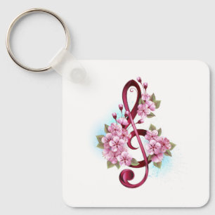 Musical treble clef notes with Sakura flowers Key Ring
